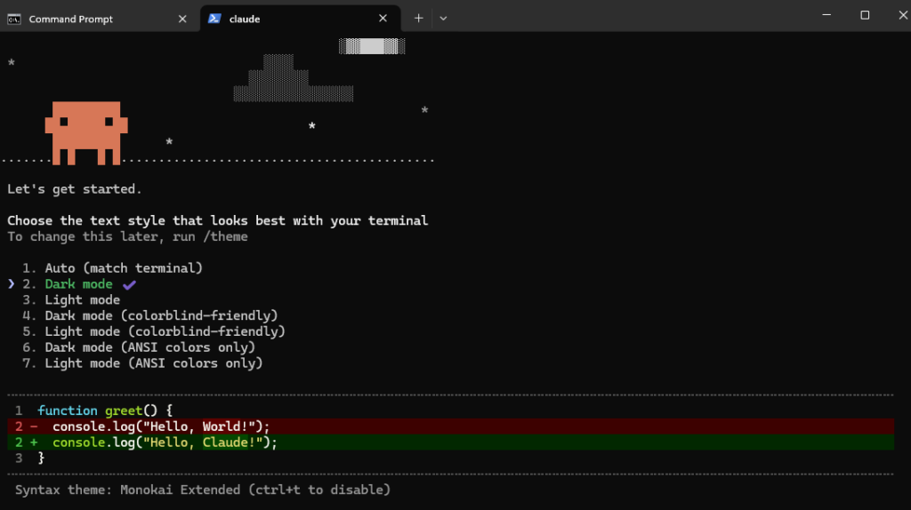 wstępna konfiguracja claude code - wybór koloru terminala