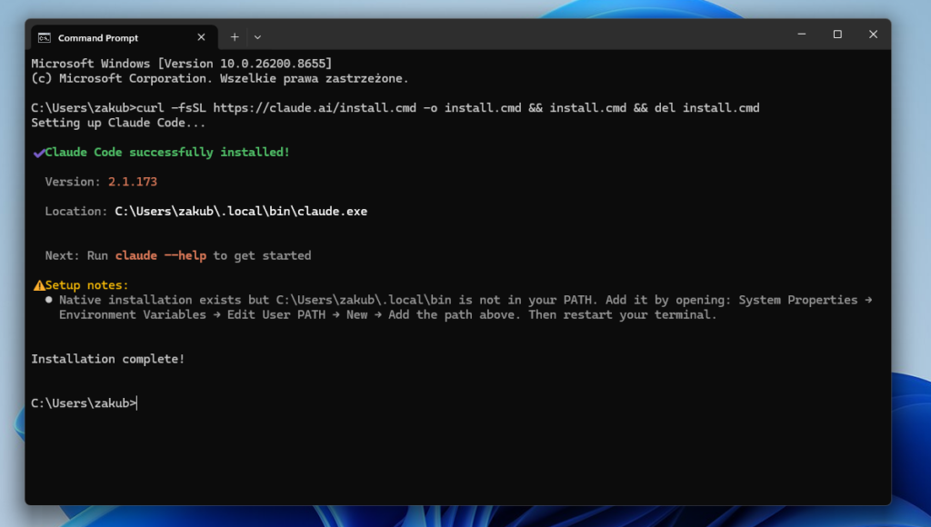 CMD z zainstalowanym Claude Code