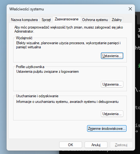 Okno zaawansowane zmiennych środowiskowych