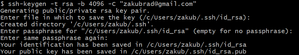Generowanie pary kluczy RSA 4096 w terminalu Git Bash.