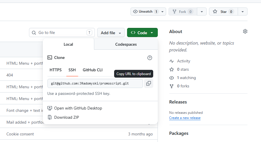 Kopiowanie adresu SSH repozytorium na GitHub.