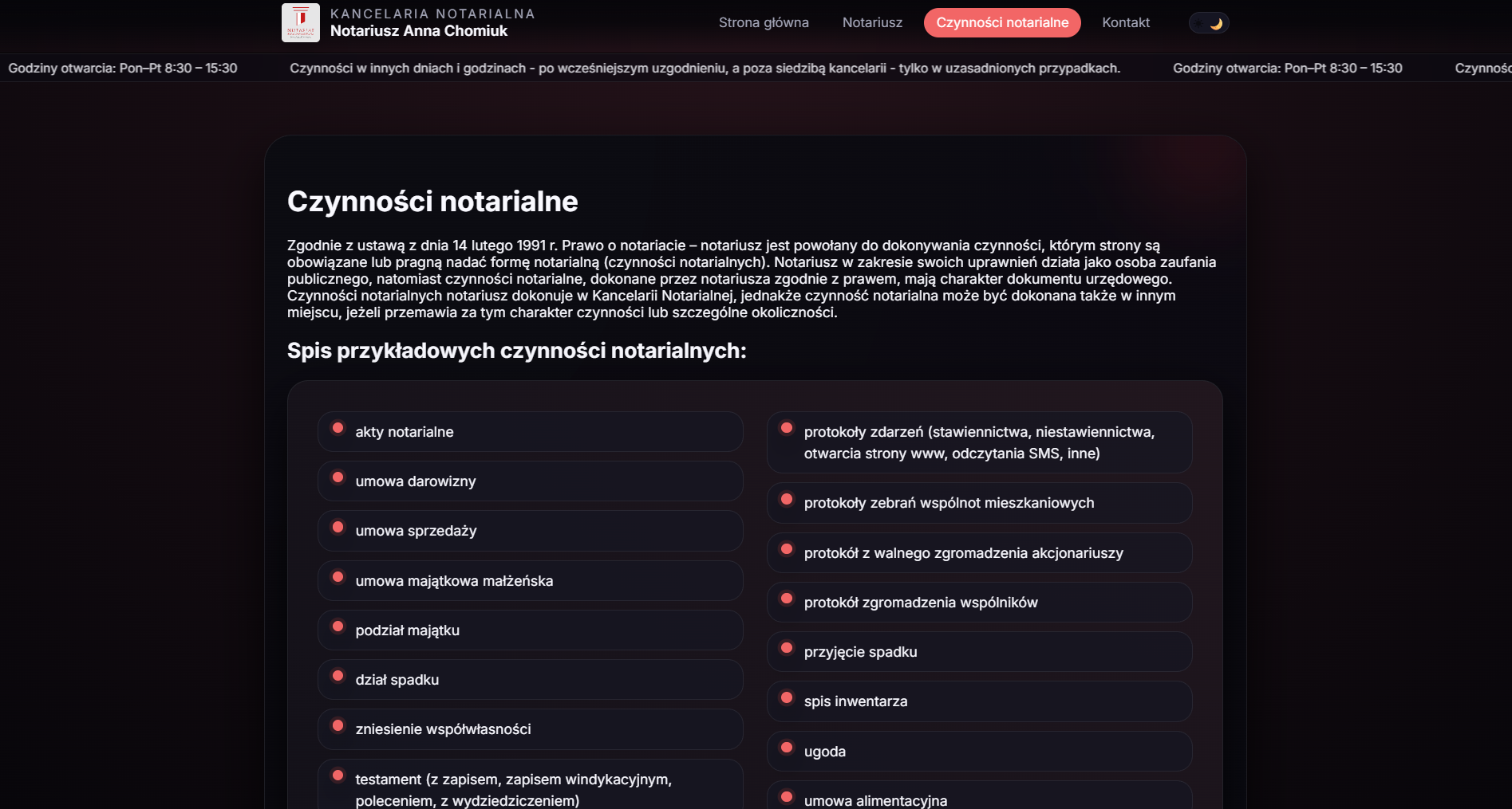 Podstrona czynności notarialnych - realizacja strony kancelarii